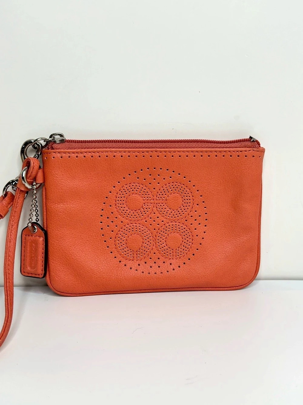 Coach Perforated Signature C Leather Wristlet Orange Melon Style 45569